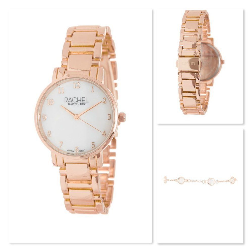 NEW: Rachel Roy Rose Gold EZ Read Quartz Watch & Crystal Bracelet Set